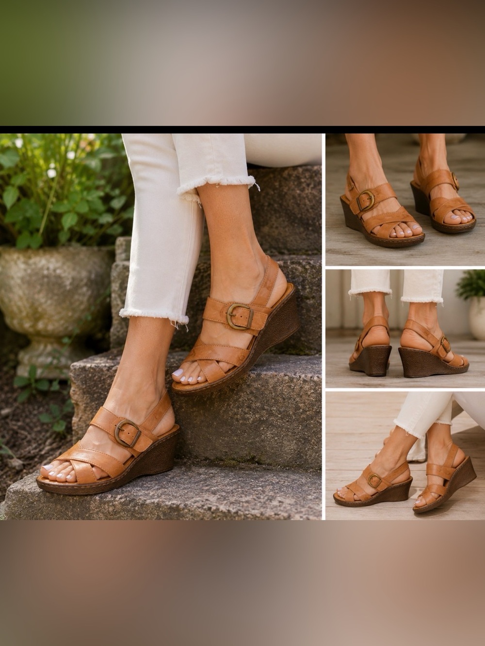 Born Leather Wedge Sandals Women’s Size 8M Cognac Brown Buckle Comfort Slingback - Picture 2 of 8